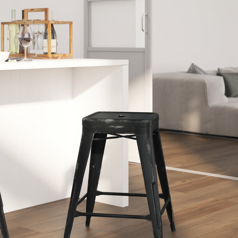 Elba Series Metal 24" Counter Height Stool with Distressed Powder Coated Finish and Integrated Floor Glides