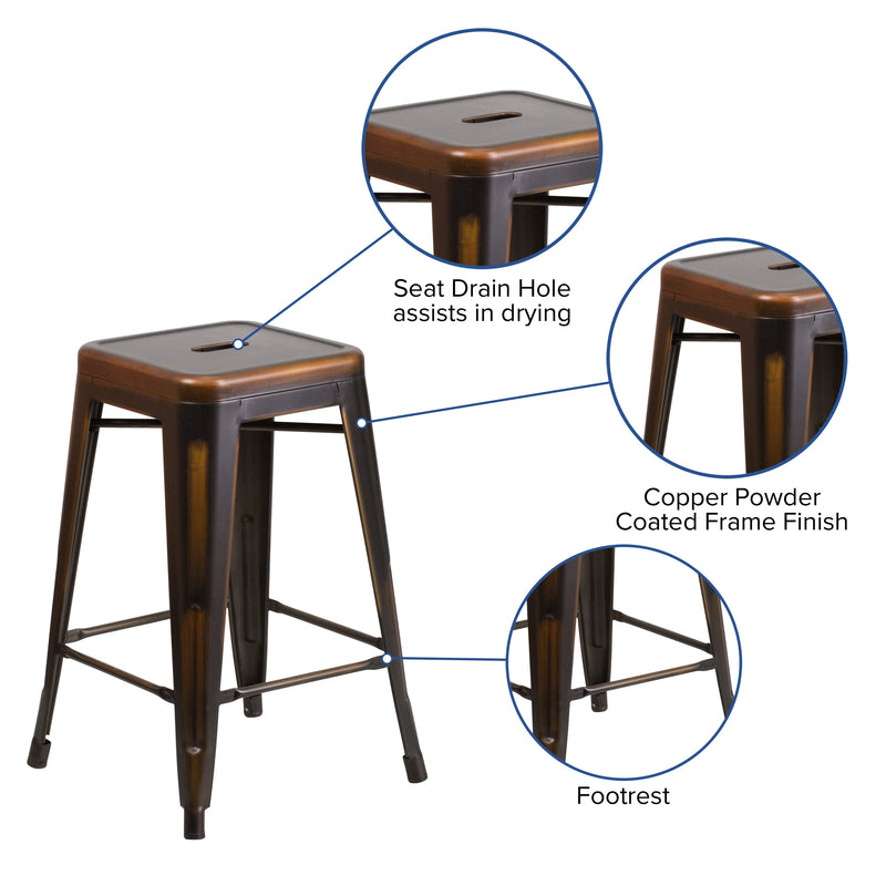 Elba Series Metal 24" Counter Height Stool with Distressed Powder Coated Finish and Integrated Floor Glides