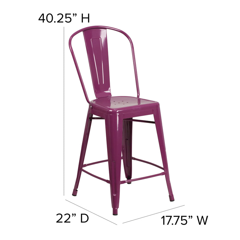 Stella 24" Metal Indoor-Outdoor Counter Stool with Vertical Slat Back and Integrated Footrest