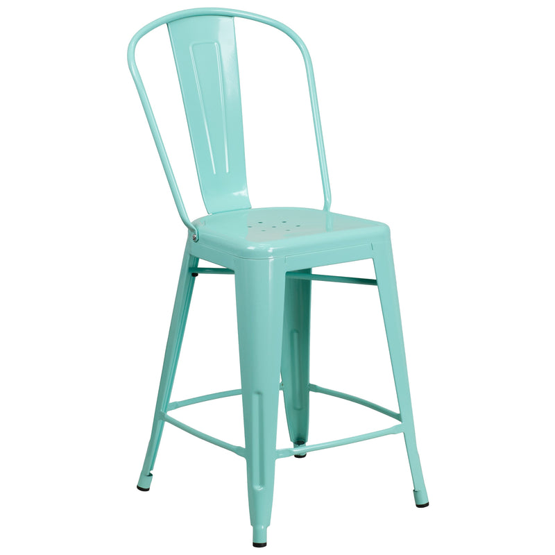 Stella 24" Metal Indoor-Outdoor Counter Stool with Vertical Slat Back and Integrated Footrest