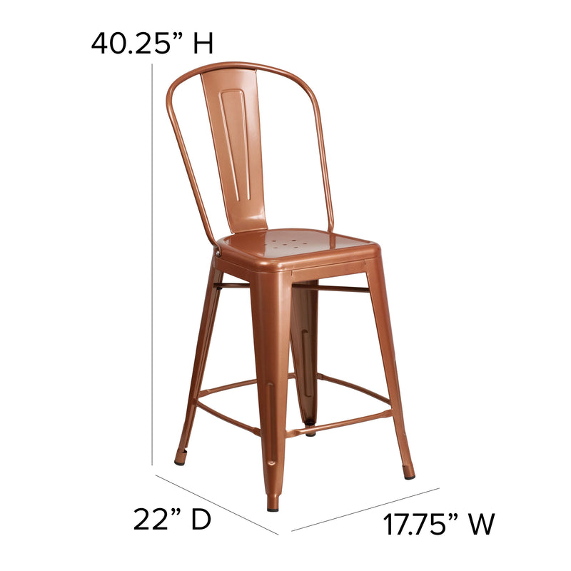 Stella 24" Metal Indoor-Outdoor Counter Stool with Vertical Slat Back and Integrated Footrest