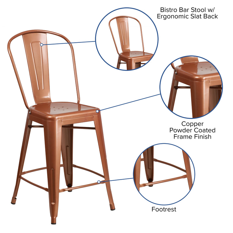 Stella 24" Metal Indoor-Outdoor Counter Stool with Vertical Slat Back and Integrated Footrest