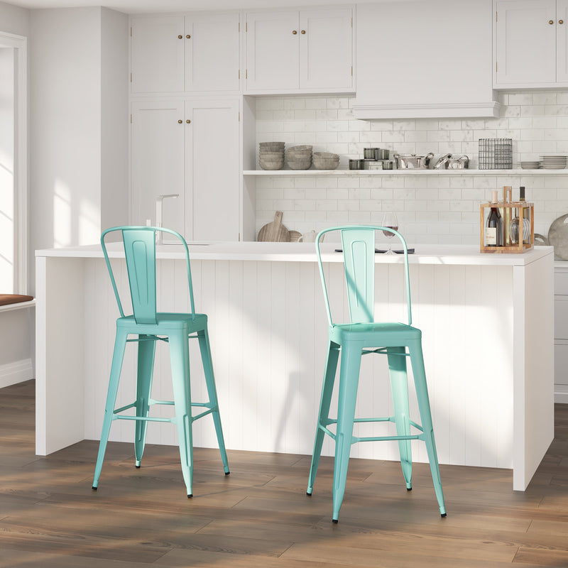 Stella 30" Metal Indoor-Outdoor Barstool with Vertical Slat Back and Integrated Footrest