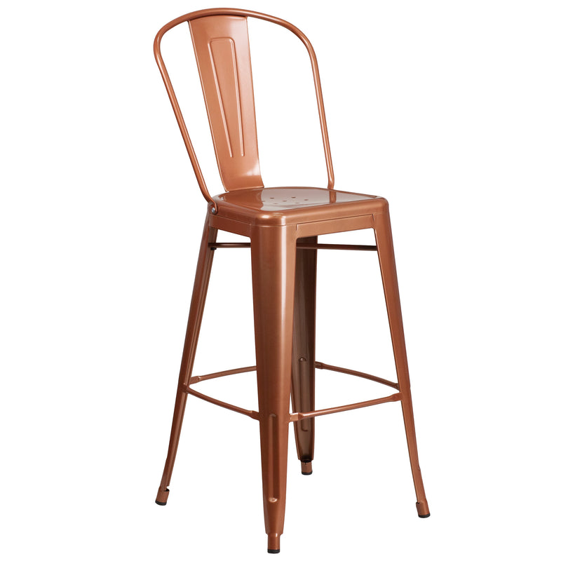 Stella 30" Metal Indoor-Outdoor Barstool with Vertical Slat Back and Integrated Footrest