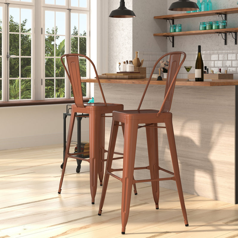 Stella 30" Metal Indoor-Outdoor Barstool with Vertical Slat Back and Integrated Footrest
