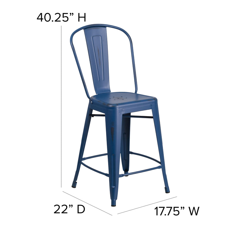 Sabine 24" Metal Indoor-Outdoor Counter Stool with Vertical Slat Back and Integrated Footrest