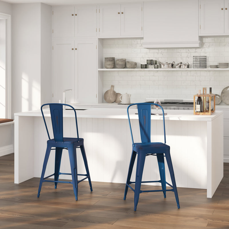Sabine 24" Metal Indoor-Outdoor Counter Stool with Vertical Slat Back and Integrated Footrest