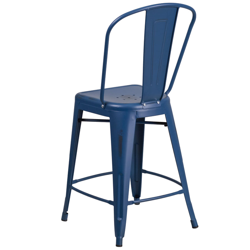 Sabine 24" Metal Indoor-Outdoor Counter Stool with Vertical Slat Back and Integrated Footrest