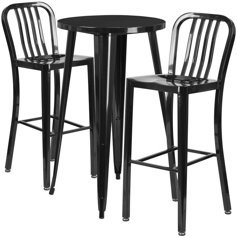 Evelyne 3 Piece Outdoor Dining Set with 24" Round Table and 2 Slatted Back Bar Stools with Footrests