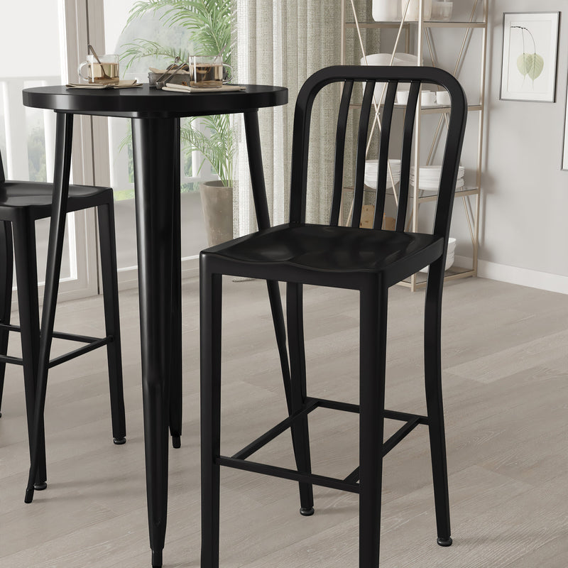Evelyne 3 Piece Outdoor Dining Set with 24" Round Table and 2 Slatted Back Bar Stools with Footrests