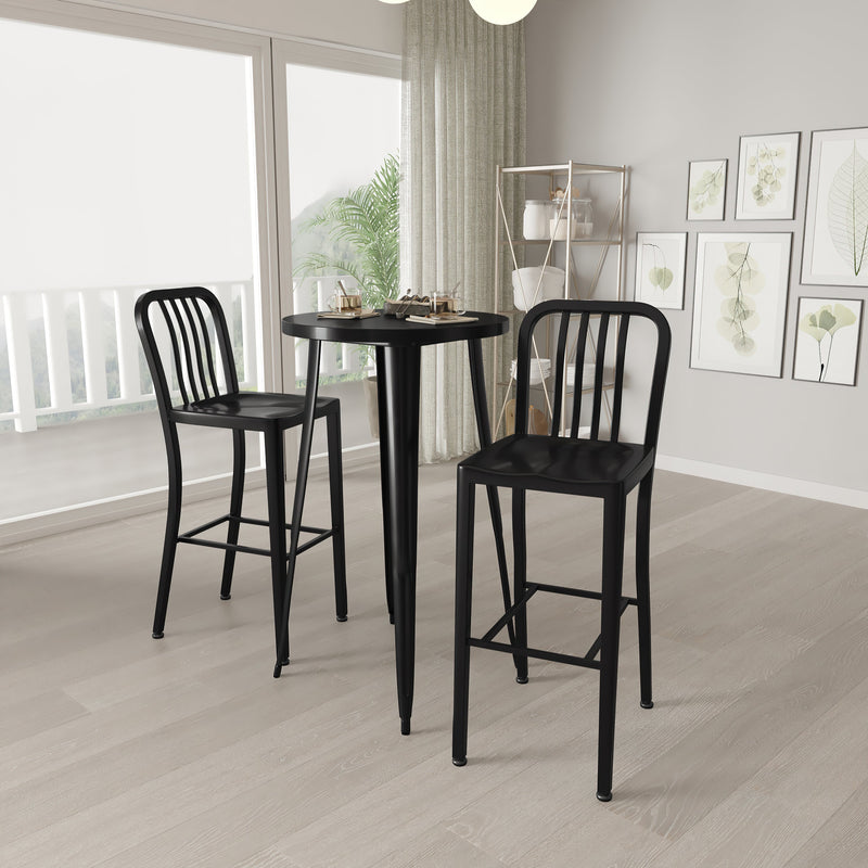 Evelyne 3 Piece Outdoor Dining Set with 24" Round Table and 2 Slatted Back Bar Stools with Footrests