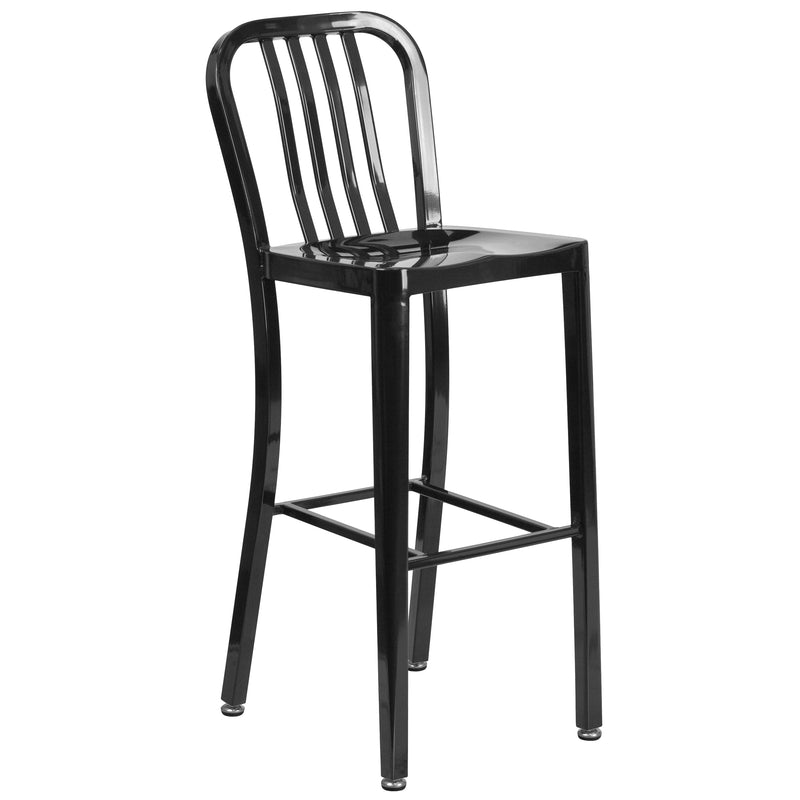 Evelyne 3 Piece Outdoor Dining Set with 24" Round Table and 2 Slatted Back Bar Stools with Footrests