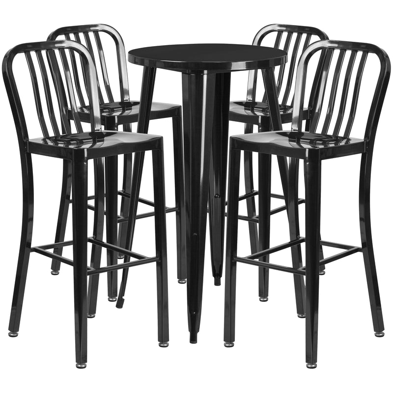 Evelyne 5 Piece Outdoor Dining Set with 24" Round Table and 4 Slatted Back Bar Stools with Footrests