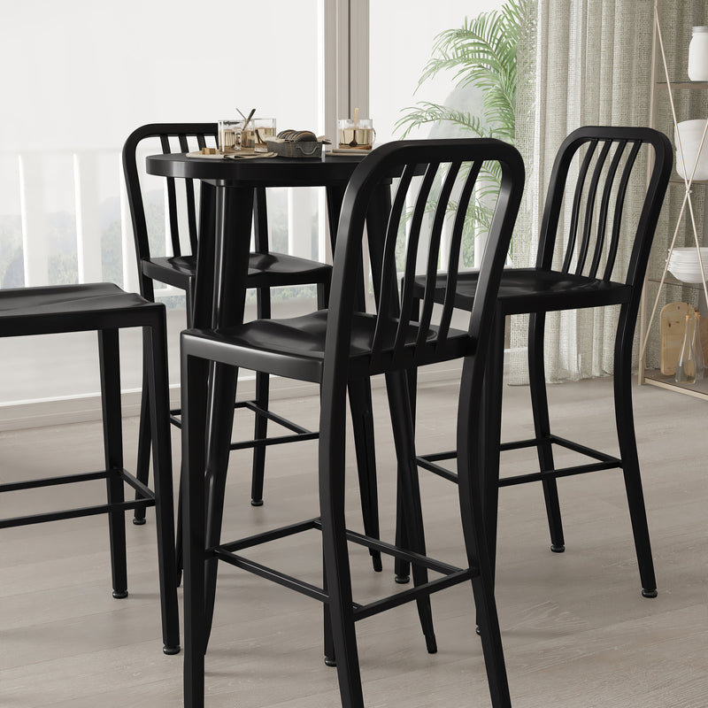 Evelyne 5 Piece Outdoor Dining Set with 24" Round Table and 4 Slatted Back Bar Stools with Footrests