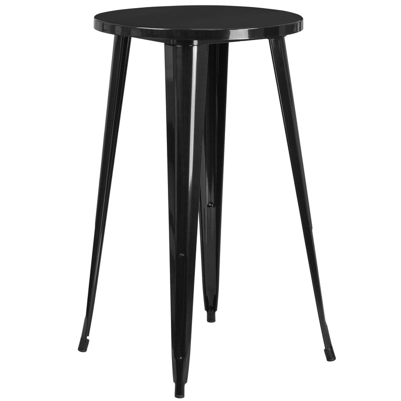 Evelyne 5 Piece Outdoor Dining Set with 24" Round Table and 4 Slatted Back Bar Stools with Footrests