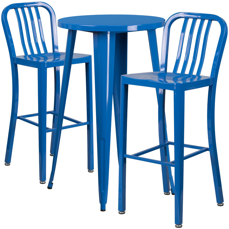 Evelyne 3 Piece Outdoor Dining Set with 24" Round Table and 2 Slatted Back Bar Stools with Footrests