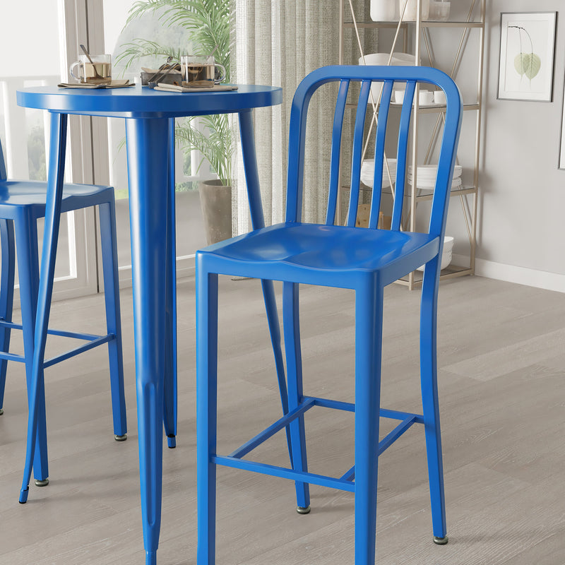 Evelyne 3 Piece Outdoor Dining Set with 24" Round Table and 2 Slatted Back Bar Stools with Footrests