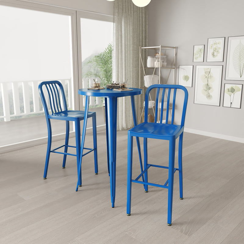Evelyne 3 Piece Outdoor Dining Set with 24" Round Table and 2 Slatted Back Bar Stools with Footrests