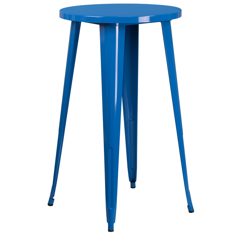 Evelyne 3 Piece Outdoor Dining Set with 24" Round Table and 2 Slatted Back Bar Stools with Footrests
