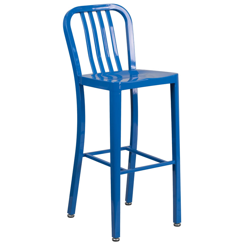 Evelyne 3 Piece Outdoor Dining Set with 24" Round Table and 2 Slatted Back Bar Stools with Footrests
