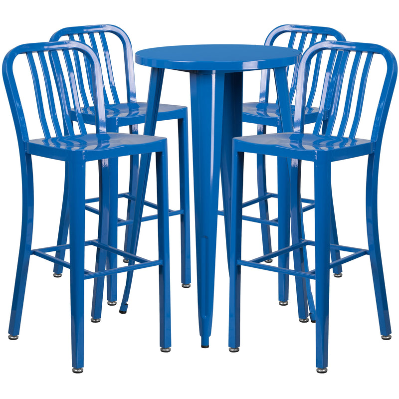 Evelyne 5 Piece Outdoor Dining Set with 24" Round Table and 4 Slatted Back Bar Stools with Footrests