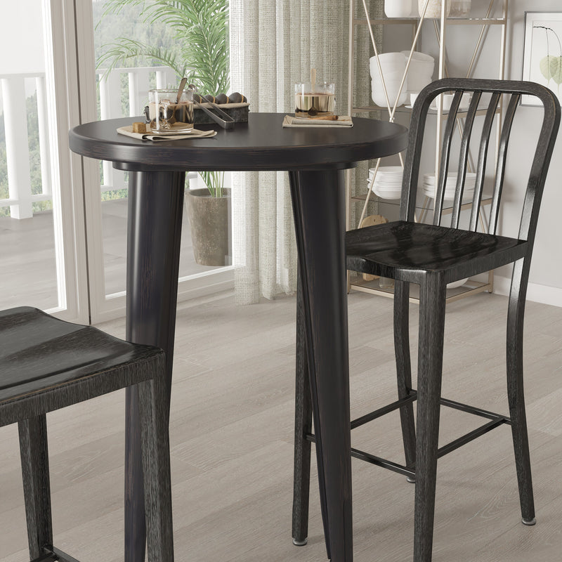 Evelyne 3 Piece Outdoor Dining Set with 24" Round Table and 2 Slatted Back Bar Stools with Footrests