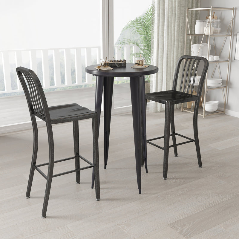 Evelyne 3 Piece Outdoor Dining Set with 24" Round Table and 2 Slatted Back Bar Stools with Footrests