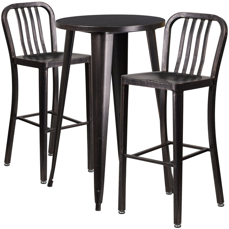 Evelyne 3 Piece Outdoor Dining Set with 24" Round Table and 2 Slatted Back Bar Stools with Footrests
