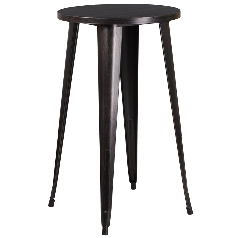 Evelyne 3 Piece Outdoor Dining Set with 24" Round Table and 2 Slatted Back Bar Stools with Footrests