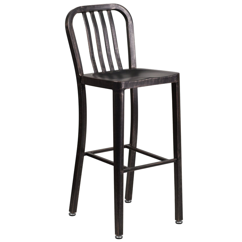 Evelyne 3 Piece Outdoor Dining Set with 24" Round Table and 2 Slatted Back Bar Stools with Footrests