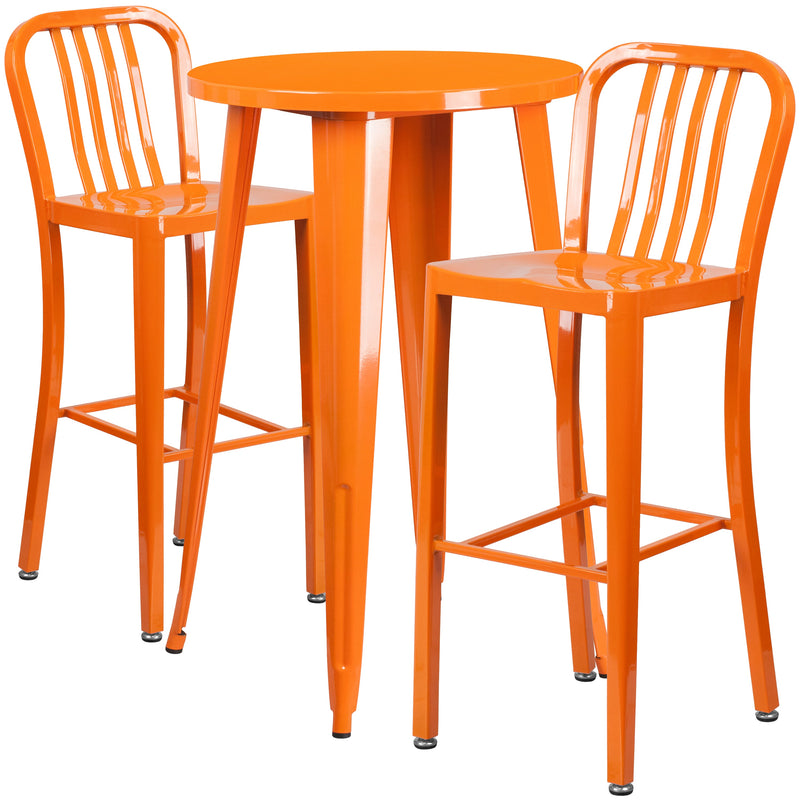 Evelyne 3 Piece Outdoor Dining Set with 24" Round Table and 2 Slatted Back Bar Stools with Footrests