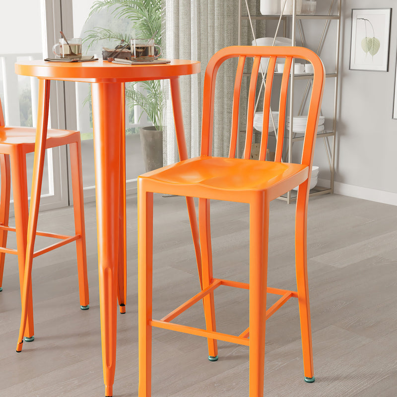 Evelyne 3 Piece Outdoor Dining Set with 24" Round Table and 2 Slatted Back Bar Stools with Footrests