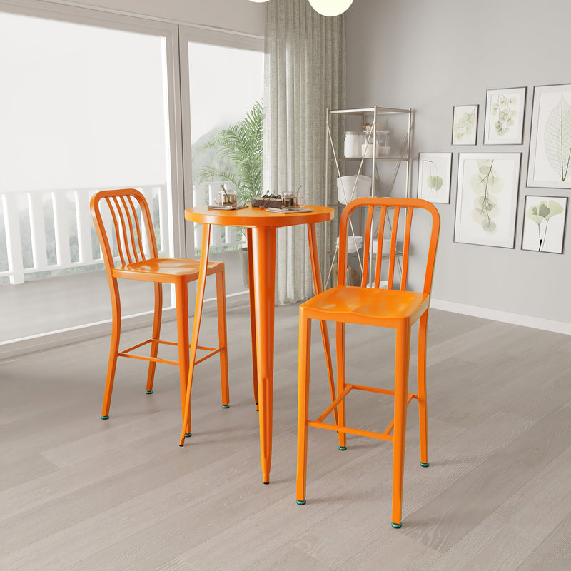Evelyne 3 Piece Outdoor Dining Set with 24" Round Table and 2 Slatted Back Bar Stools with Footrests