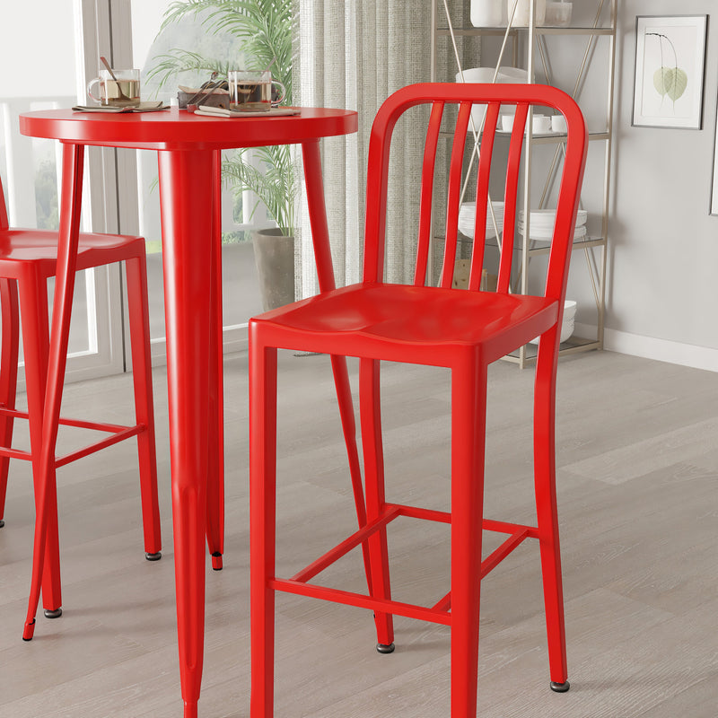 Evelyne 3 Piece Outdoor Dining Set with 24" Round Table and 2 Slatted Back Bar Stools with Footrests