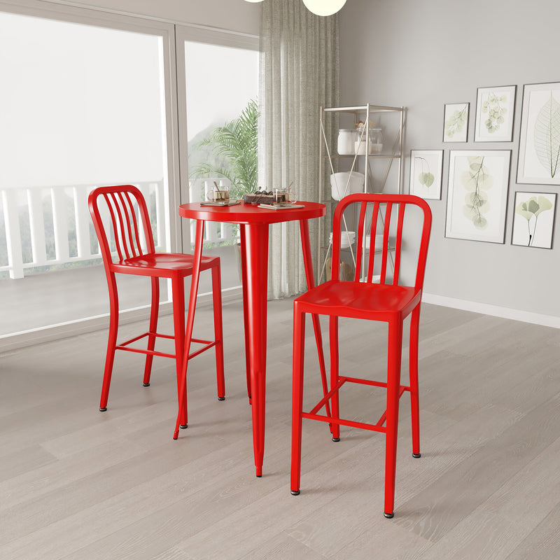 Evelyne 3 Piece Outdoor Dining Set with 24" Round Table and 2 Slatted Back Bar Stools with Footrests