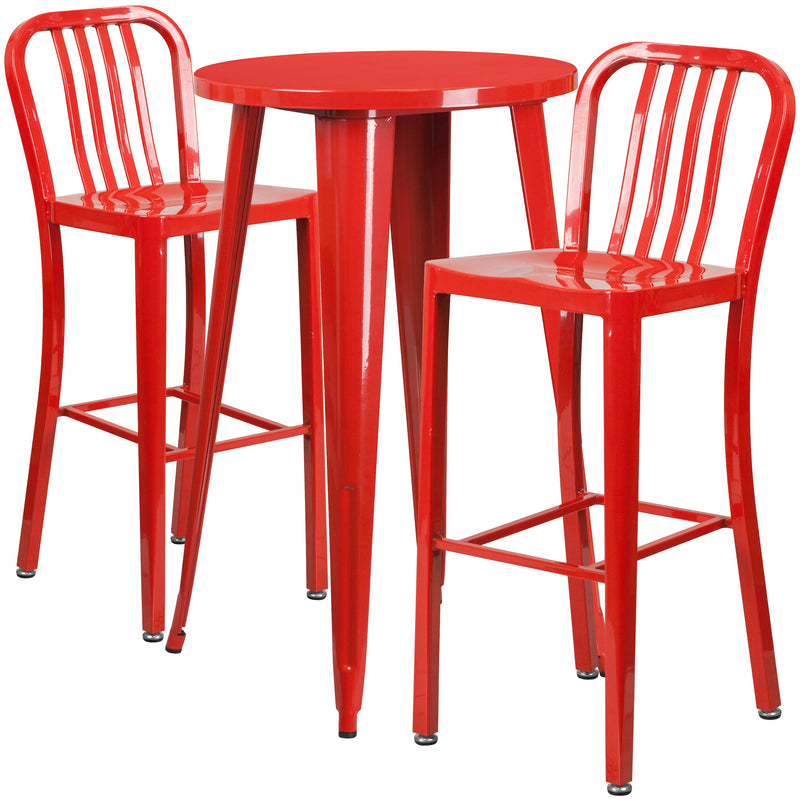 Evelyne 3 Piece Outdoor Dining Set with 24" Round Table and 2 Slatted Back Bar Stools with Footrests
