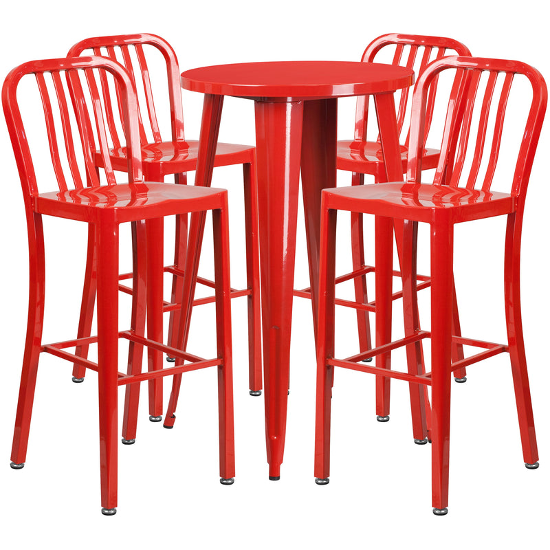 Evelyne 5 Piece Outdoor Dining Set with 24" Round Table and 4 Slatted Back Bar Stools with Footrests