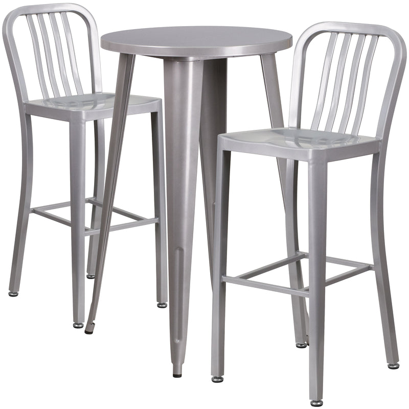 Evelyne 3 Piece Outdoor Dining Set with 24" Round Table and 2 Slatted Back Bar Stools with Footrests