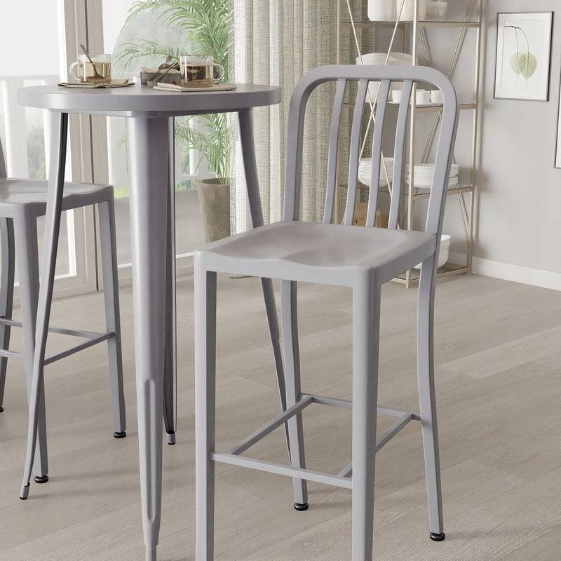 Evelyne 3 Piece Outdoor Dining Set with 24" Round Table and 2 Slatted Back Bar Stools with Footrests