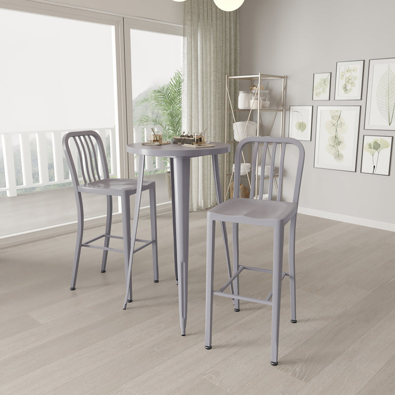 Evelyne 3 Piece Outdoor Dining Set with 24" Round Table and 2 Slatted Back Bar Stools with Footrests