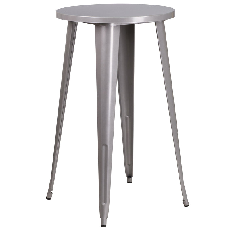 Evelyne 3 Piece Outdoor Dining Set with 24" Round Table and 2 Slatted Back Bar Stools with Footrests