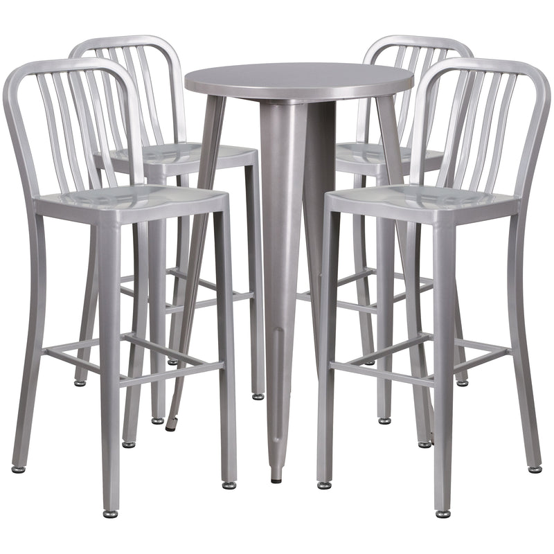 Evelyne 5 Piece Outdoor Dining Set with 24" Round Table and 4 Slatted Back Bar Stools with Footrests