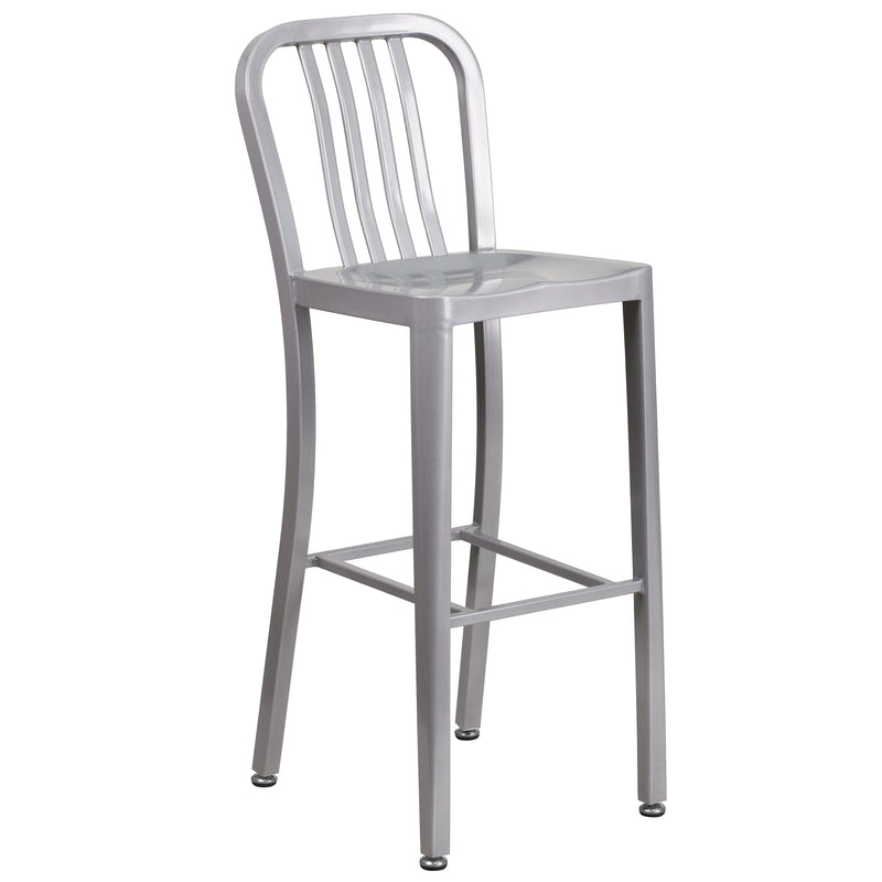 Evelyne 5 Piece Outdoor Dining Set with 24" Round Table and 4 Slatted Back Bar Stools with Footrests