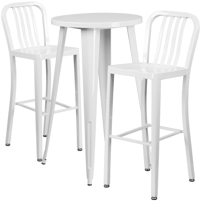 Evelyne 3 Piece Outdoor Dining Set with 24" Round Table and 2 Slatted Back Bar Stools with Footrests