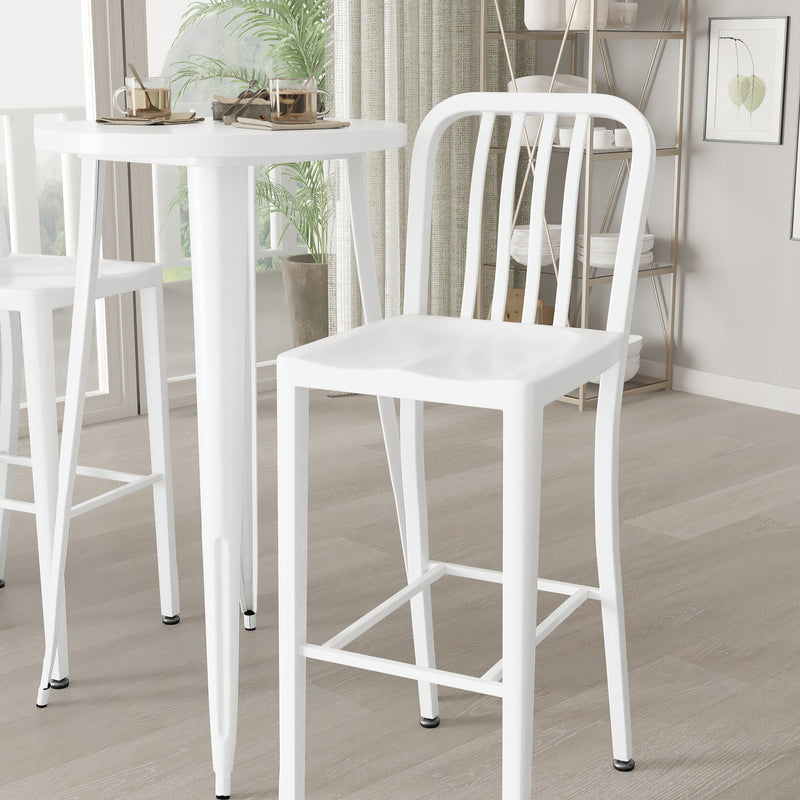 Evelyne 3 Piece Outdoor Dining Set with 24" Round Table and 2 Slatted Back Bar Stools with Footrests