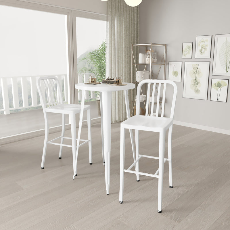 Evelyne 3 Piece Outdoor Dining Set with 24" Round Table and 2 Slatted Back Bar Stools with Footrests