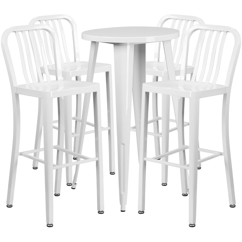 Evelyne 5 Piece Outdoor Dining Set with 24" Round Table and 4 Slatted Back Bar Stools with Footrests