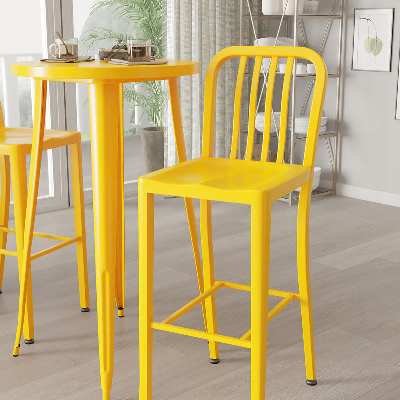 Evelyne 3 Piece Outdoor Dining Set with 24" Round Table and 2 Slatted Back Bar Stools with Footrests