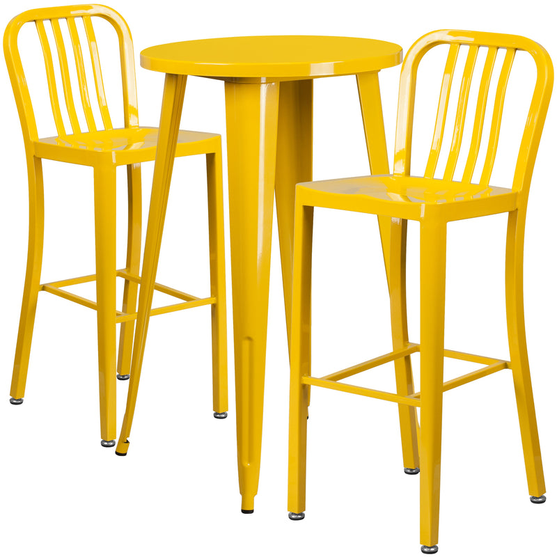 Evelyne 3 Piece Outdoor Dining Set with 24" Round Table and 2 Slatted Back Bar Stools with Footrests