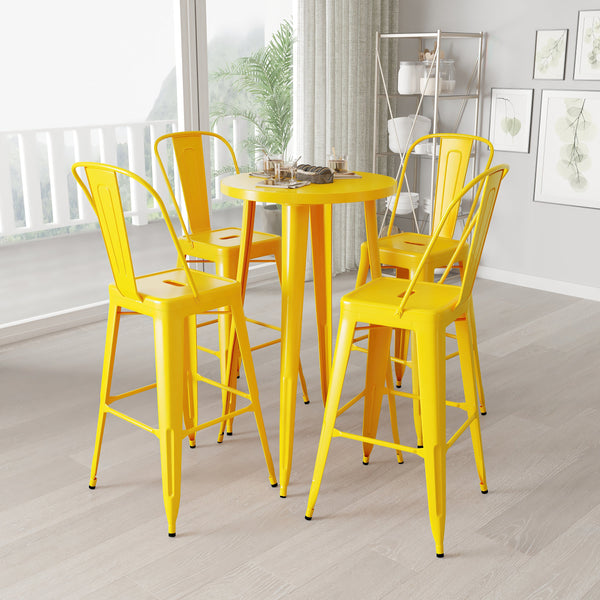 Eleanore 5 Piece Outdoor Dining Set with 24" Round Table and 4 Slatted Back Bar Stools with Footrests